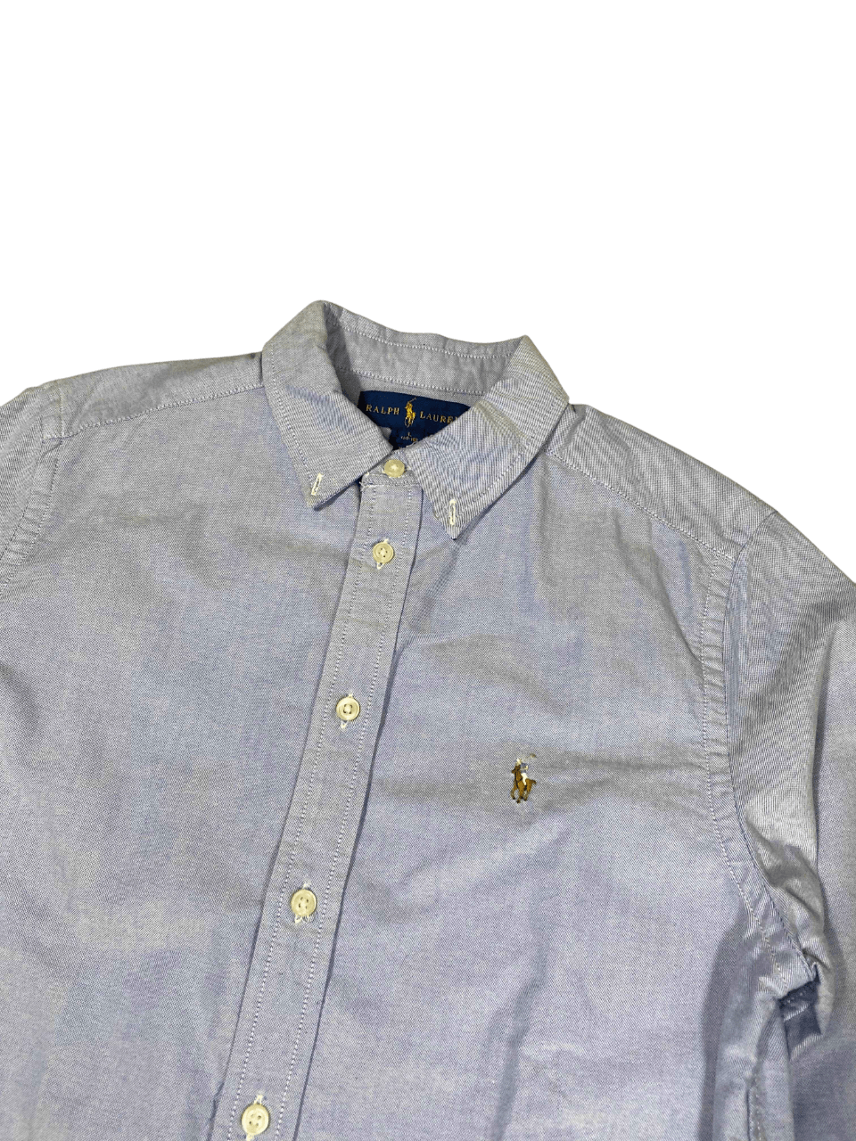 Világoskék férfi Ralph Lauren ing, hímzett logóval, vintage streetwear stílus