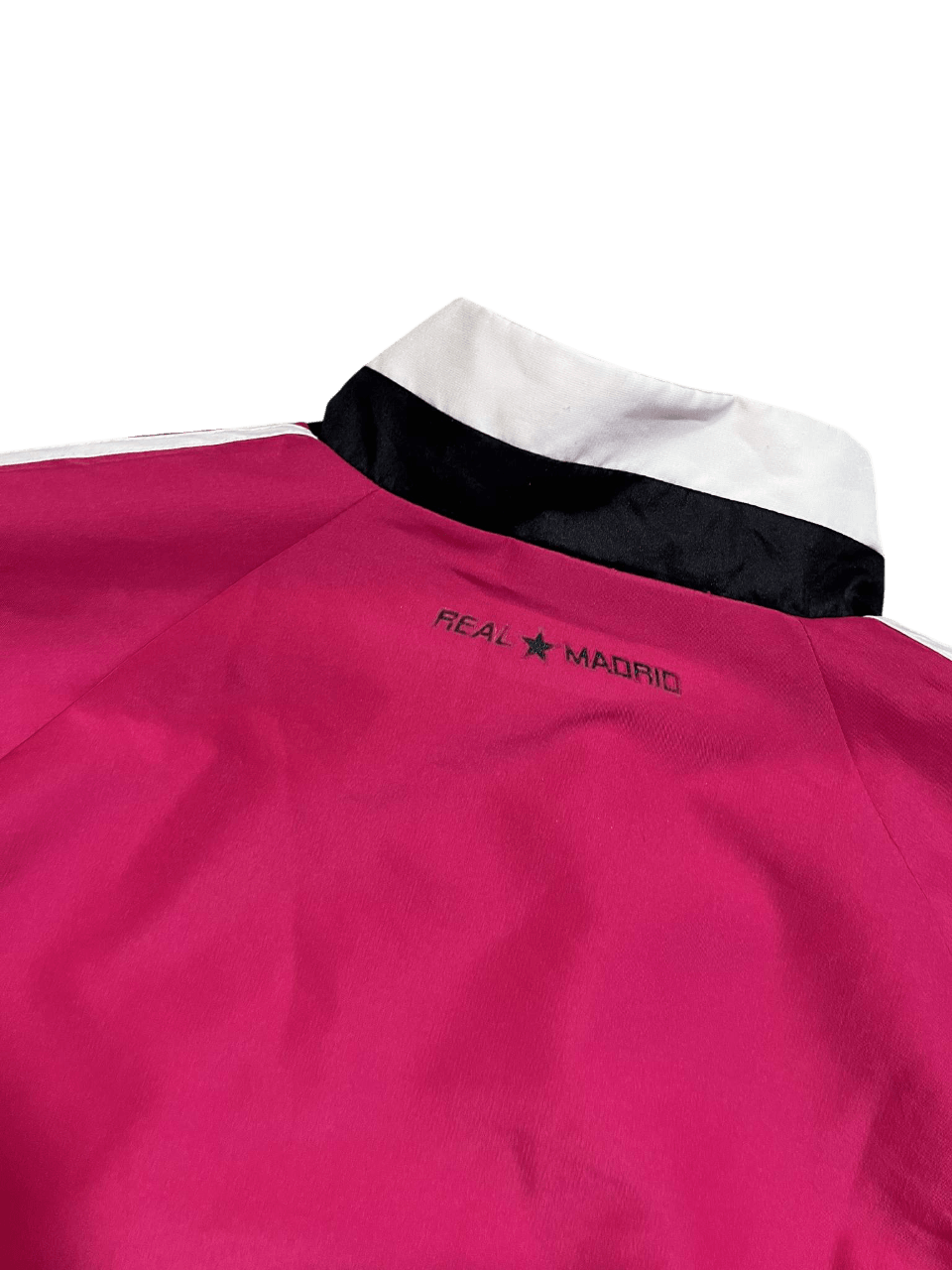 Rózsaszín Real Madrid vintage streetwear dzseki fekete-fehér gallérral, hátulnézet