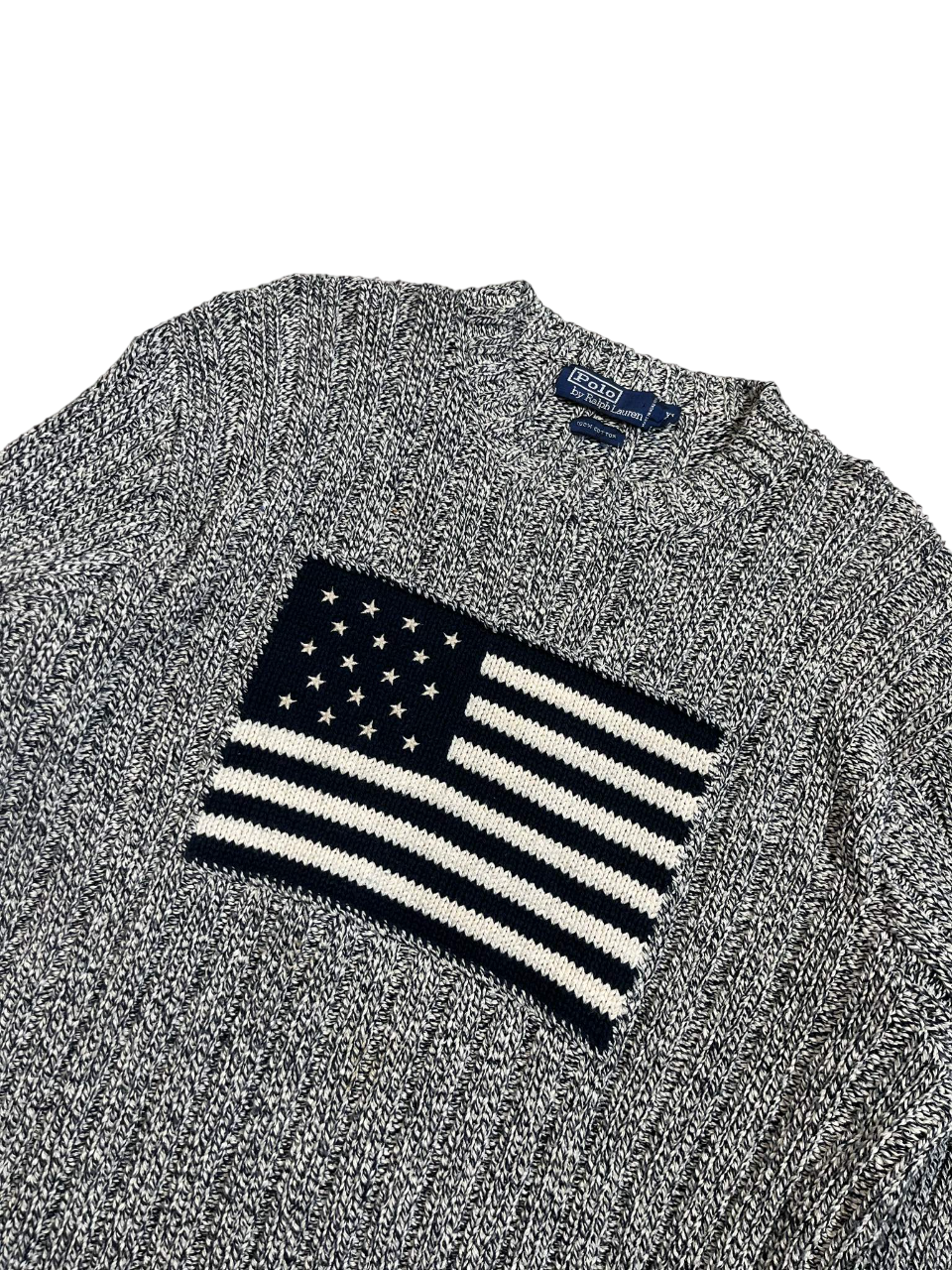Ralph Lauren kötött pulóver amerikai zászló mintával, vintage streetwear stílus