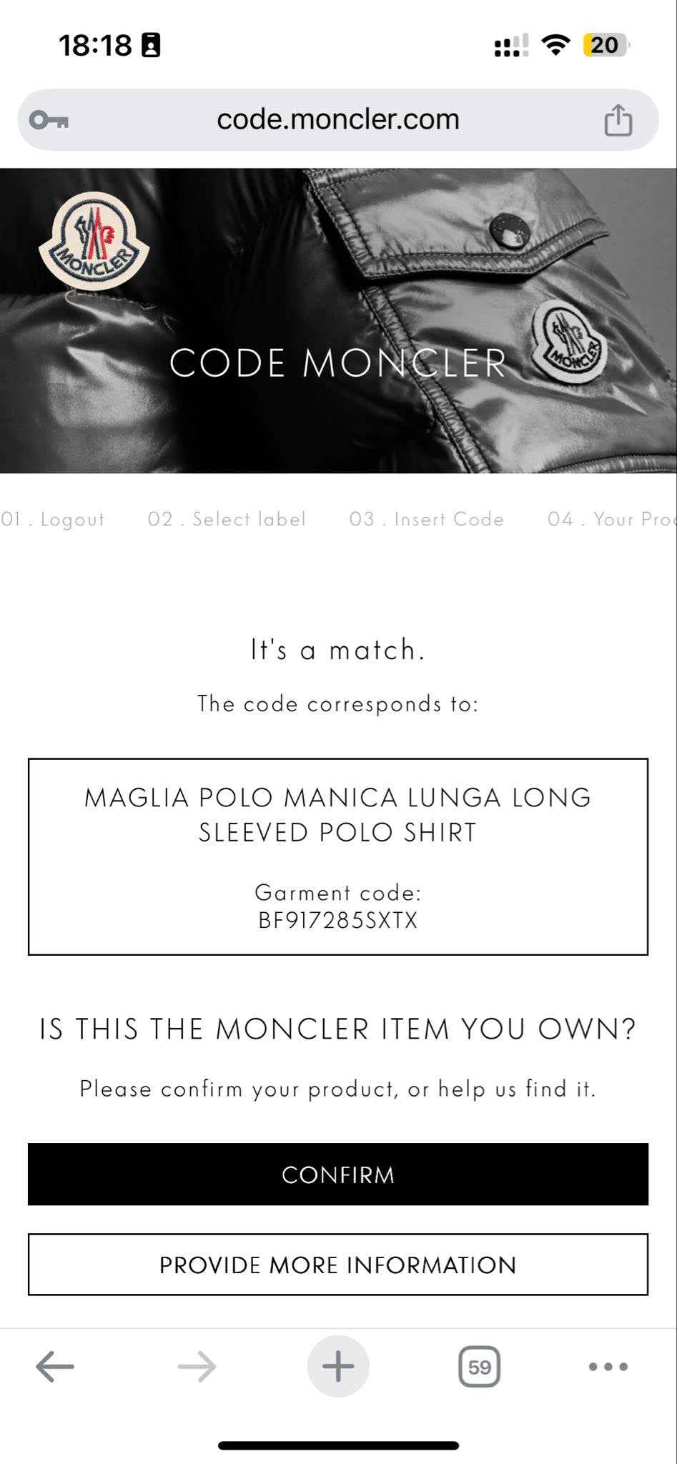 Moncler kódellenőrző oldal fekete fényes dzsekivel, Moncler logóval, termékinformációval.