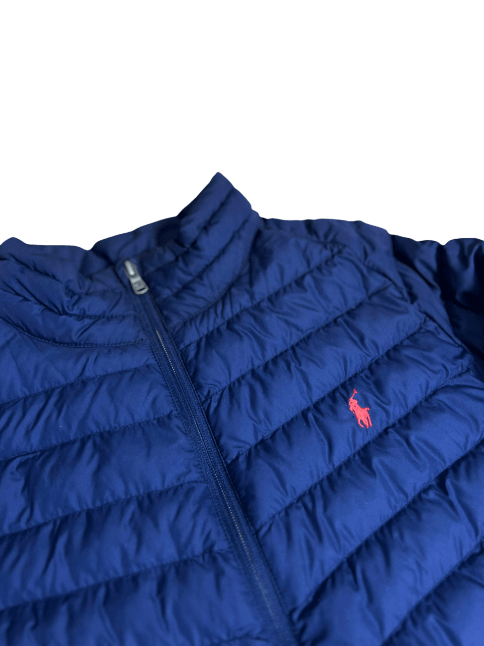 Kék steppelt vintage streetwear dzseki, elöl cipzárral, piros hímzett logóval