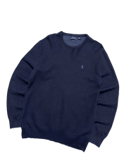 Sötétkék vintage Ralph Lauren pulóver hímzett logóval, streetwear stílusban