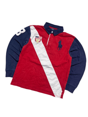 Piros–fehér–kék hosszú ujjú vintage streetwear rugby póló hímzett logóval és foltokkal
