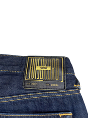 Evisu Kuro sötétkék farmernadrág bőr címkével, vintage streetwear stílus