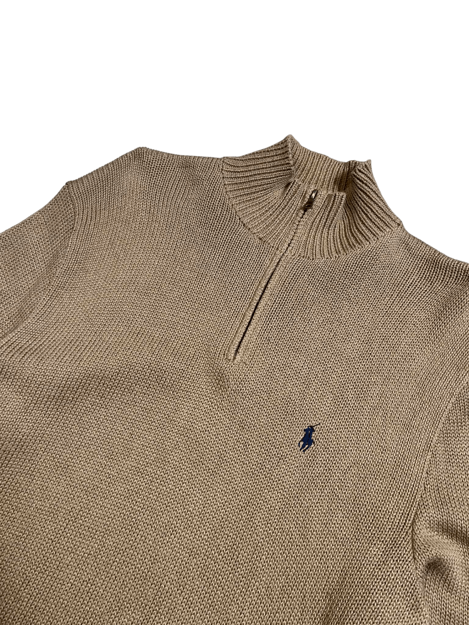 Bézs kötött pulóver fél cipzárral, magas nyakkal, hímzett logóval, vintage streetwear