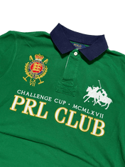 Zöld Ralph Lauren vintage póló, hímzett PRL Club és Challenge Cup logóval, galléros fazonban.