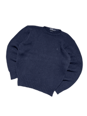 Sötétkék vintage kötött pulóver, kerek nyakkal, streetwear stílusban