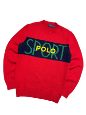 Piros vintage Polo Ralph Lauren sport pulóver zöld és sárga felirattal, streetwear stílus