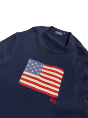 Sötétkék vintage pulóver amerikai zászló mintával, kerek nyakkivágással, streetwear stílus