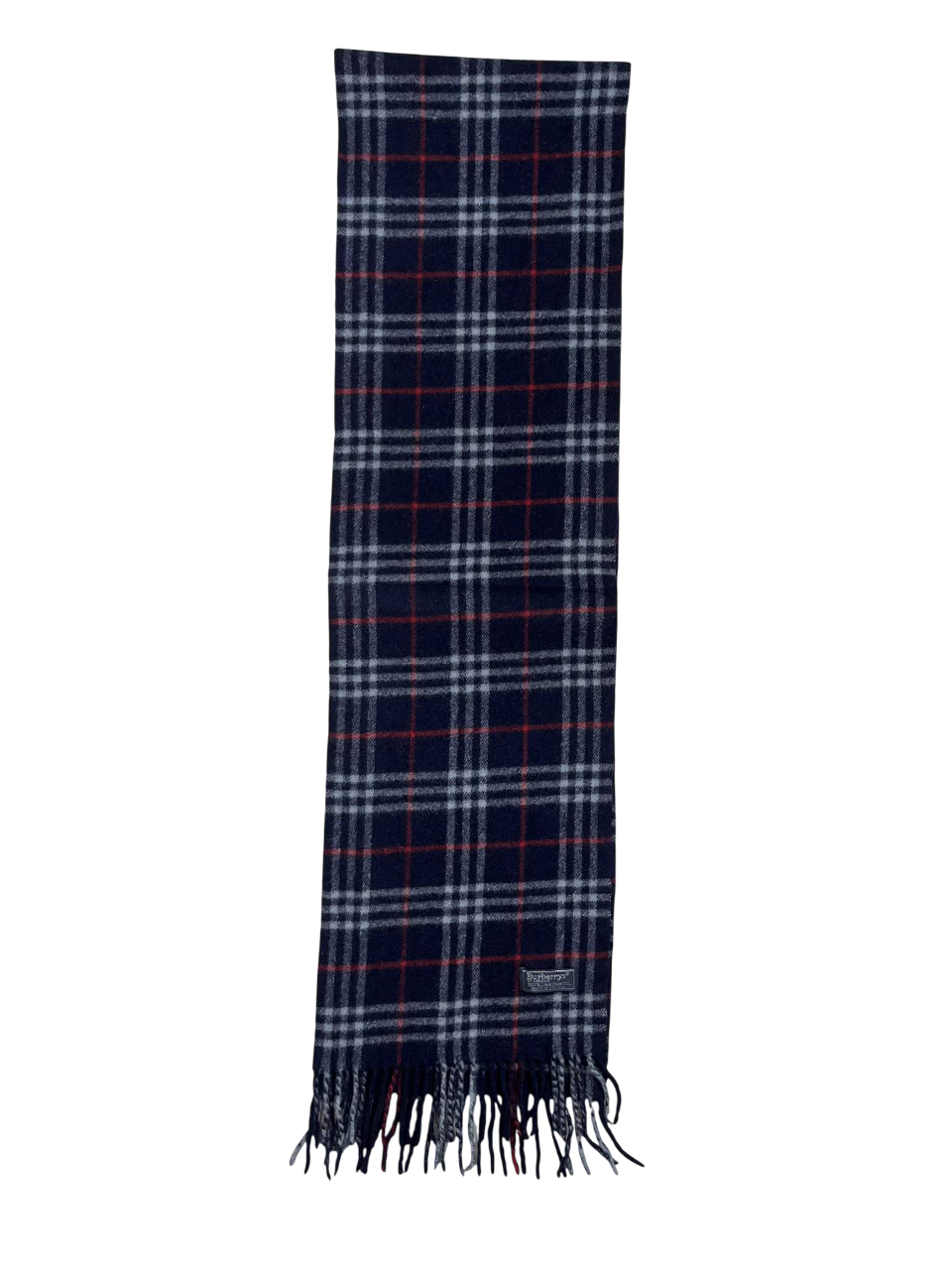 Sötétkék kockás gyapjú sál rojtos szegéllyel, streetwear stílus, vintage kiegészítő
