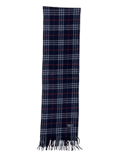 Sötétkék kockás gyapjú sál rojtos szegéllyel, streetwear stílus, vintage kiegészítő