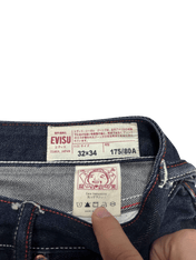 Evisu férfi farmer címke mérettel és mosási útmutatóval, vintage streetwear