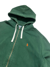 Sötétzöld vintage kapucnis zipzáras pulóver, hímzett logóval, streetwear stílusban