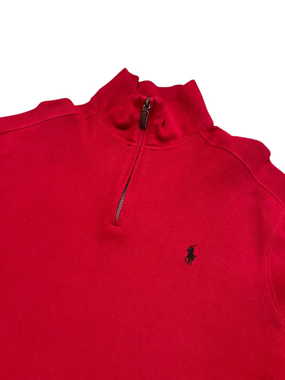 Piros, cipzáros gallérú pulóver vintage streetwear stílusban, lovas hímzéssel
