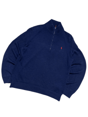 Sötétkék, cipzáras gallérú vintage pulóver hímzett logóval, streetwear stílusban