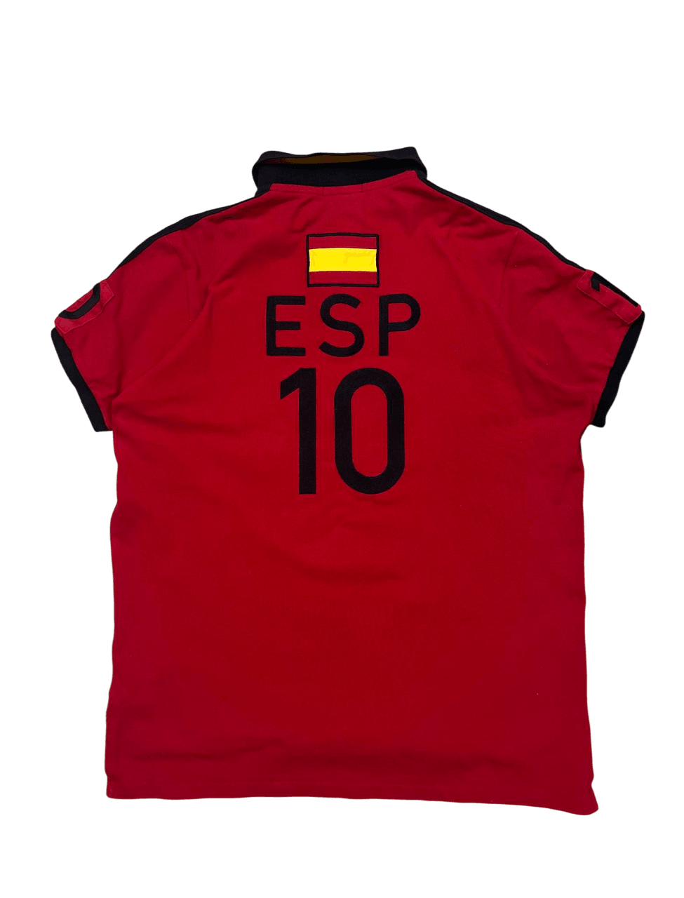 Piros vintage ESP 10 focimez, spanyol zászlóval, fekete szegéllyel