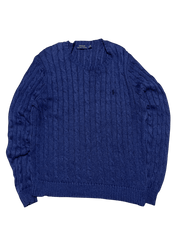 Sötétkék vintage kötött pulóver, hosszú ujjú, streetwear stílus