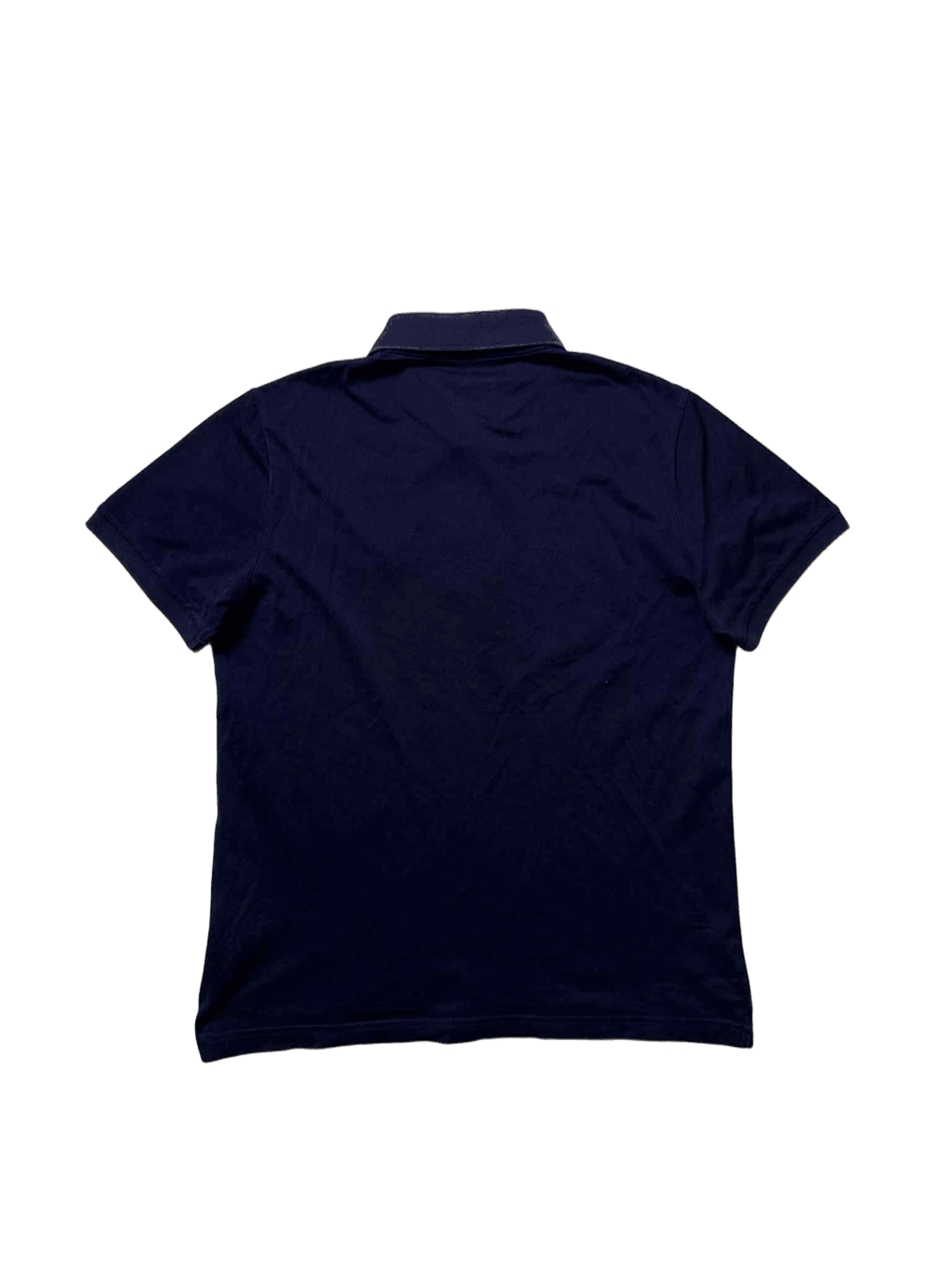 Sötétkék rövid ujjú pamut galléros póló, vintage streetwear stílusban, hátulnézet
