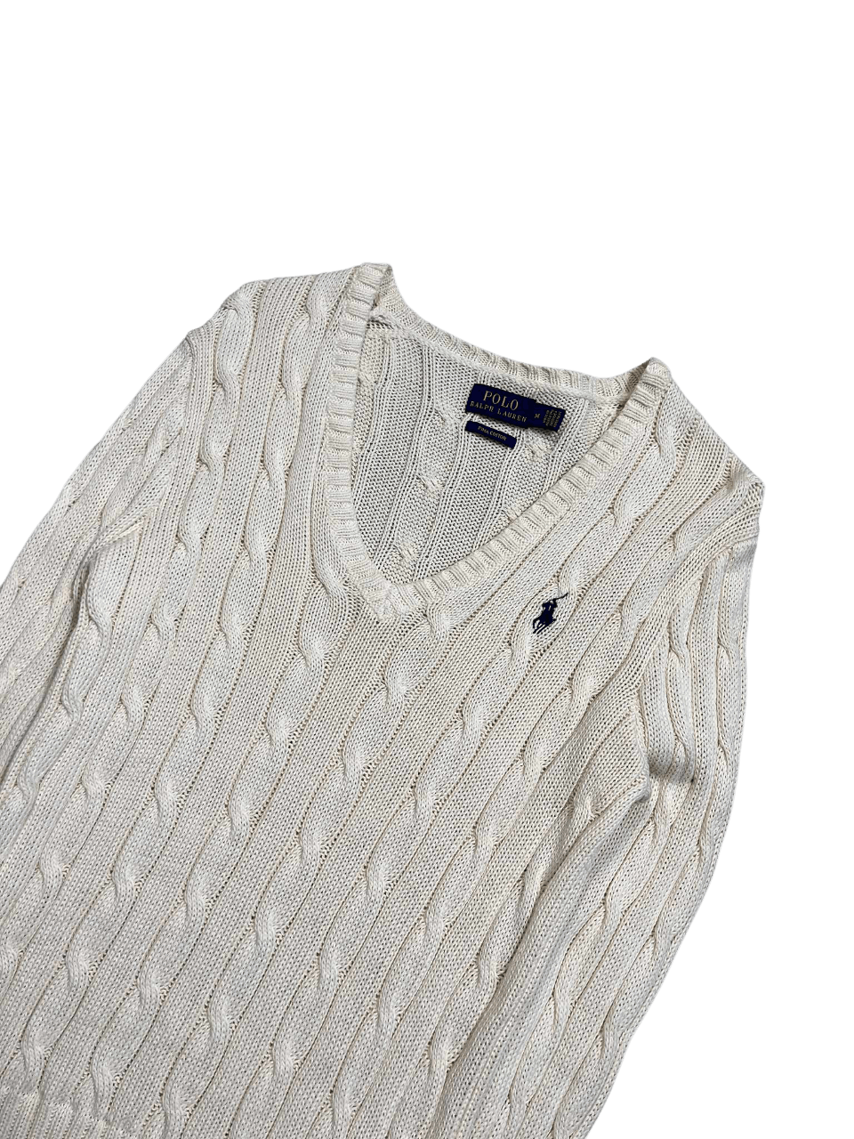 Krém színű kötött, V-nyakú vintage pulóver Ralph Lauren logóval, streetwear stílusban