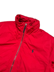 Piros vintage streetwear dzseki cipzárral és hímzett logóval