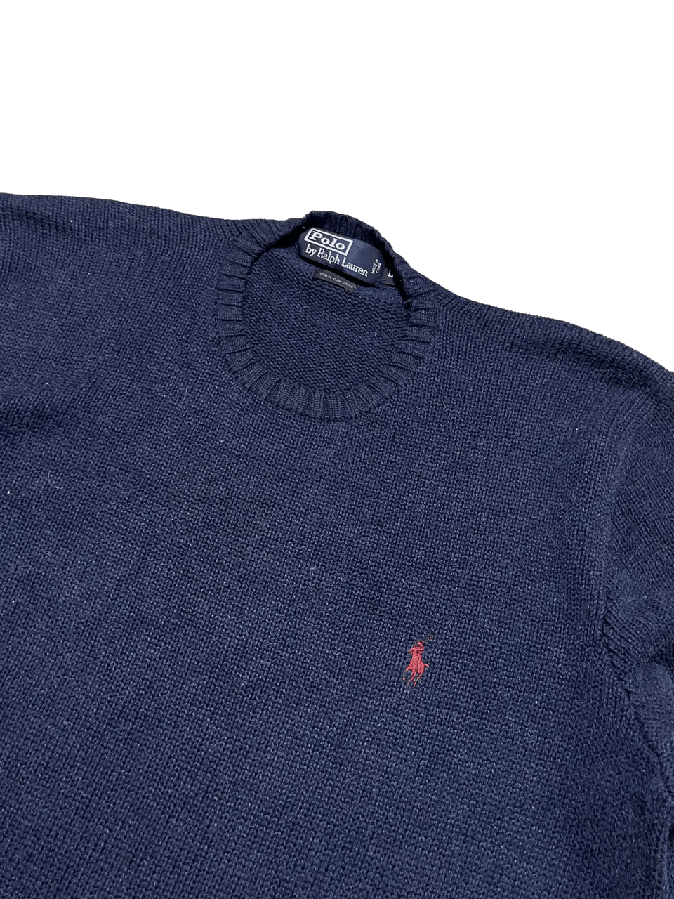 Sötétkék vintage Ralph Lauren pulóver piros logóval, streetwear stílusban