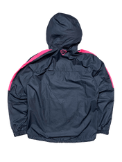 Sötétkék kapucnis streetwear dzseki rózsaszín csíkkal, vintage stílusban