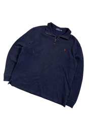 Sötétkék vintage hosszú ujjú Ralph Lauren pulóver cipzáras gallérral, férfi streetwear.