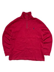 Piros félcipzáras, galléros streetwear pulóver hímzett logóval, vintage stílus
