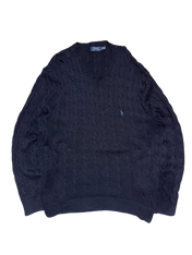 Sötétszürke vintage Polo Ralph Lauren kötött pulóver, kerek nyakkal, hímzett logóval.