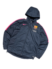 Sötétkék, kapucnis Barcelona Nike sportdzseki rózsaszín csíkokkal és logóval