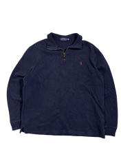 Sötétkék vintage Ralph Lauren pulóver, cipzáros gallérral, piros logóval