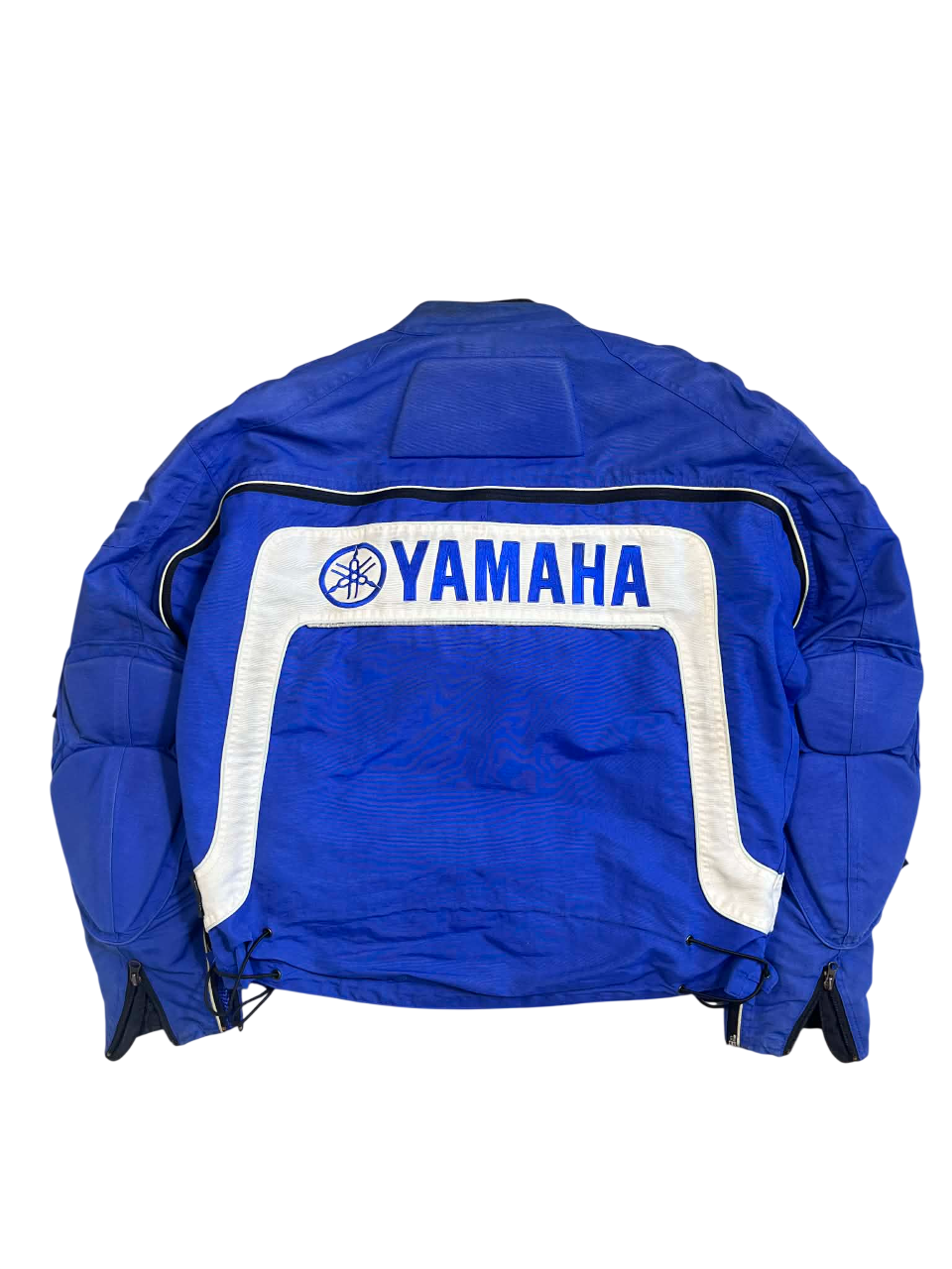 Kék vintage Yamaha motoros dzseki fehér betétekkel, streetwear stílusban