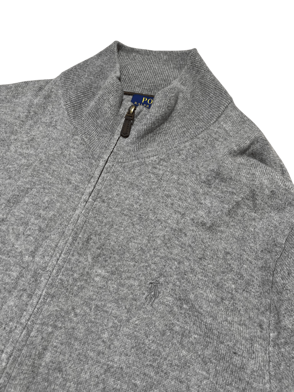 Szürke zipzáras Ralph Lauren pulóver vintage streetwear stílusban, finom logóval.