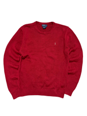 Piros vintage Ralph Lauren kötött pulóver hímzett logóval streetwear stílusban.