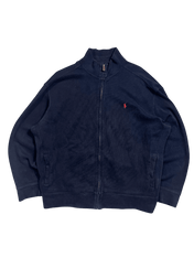 Sötétkék vintage cipzáros streetwear pulóver gallérral, piros hímzett logóval.