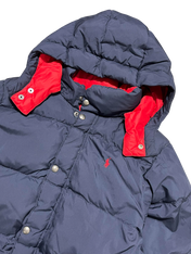 Sötétkék steppelt kapucnis pufi kabát piros béléssel, vintage streetwear stílus