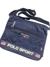 Sötétkék Polo Sport crossbody táska amerikai zászlóval, cipzáras streetwear kiegészítő