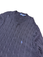 Sötétkék, kötött Polo Ralph Lauren pulóver hímzett logóval, vintage streetwear stílusban