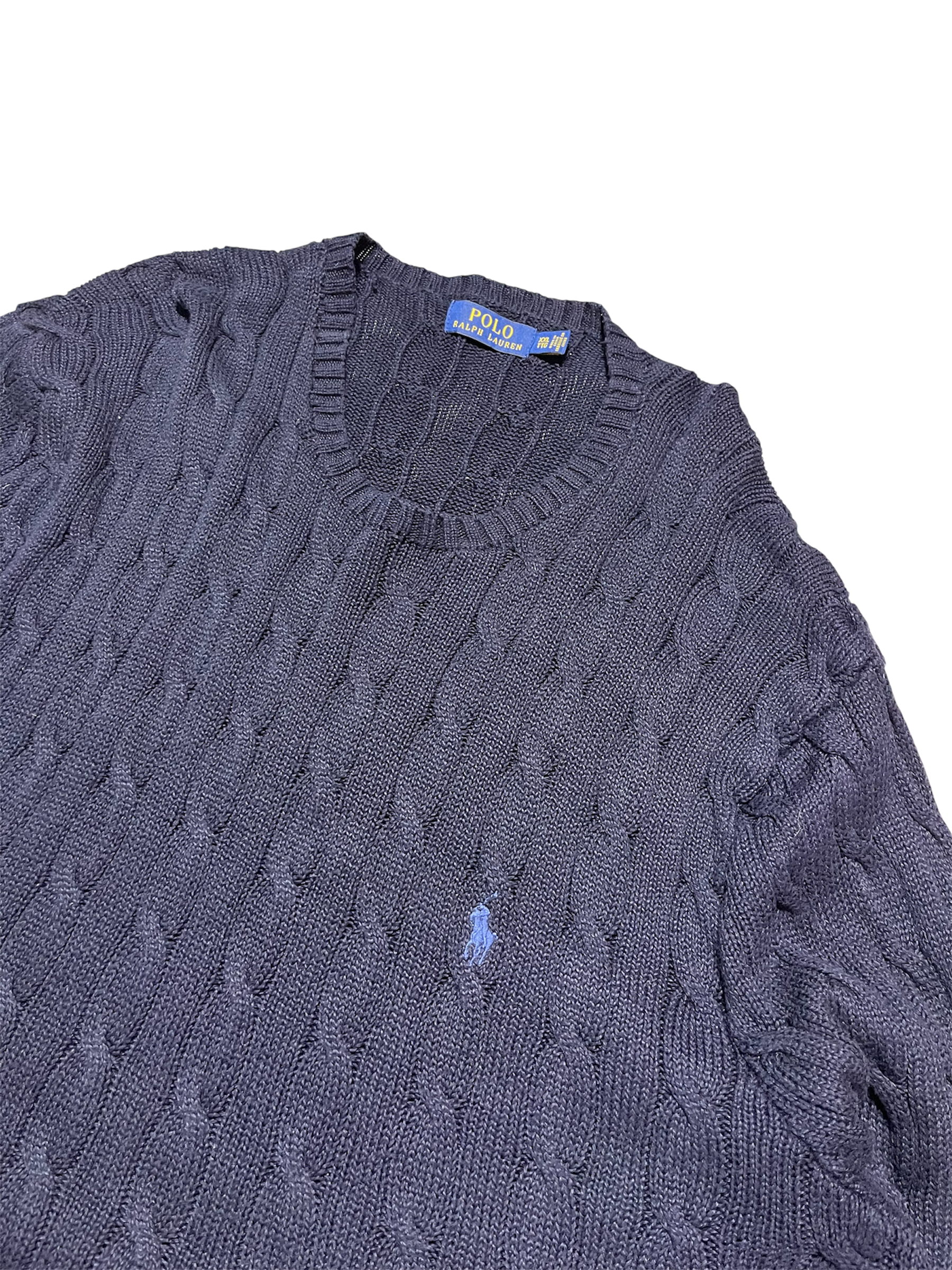 Sötétkék, kötött Polo Ralph Lauren pulóver hímzett logóval, vintage streetwear stílusban
