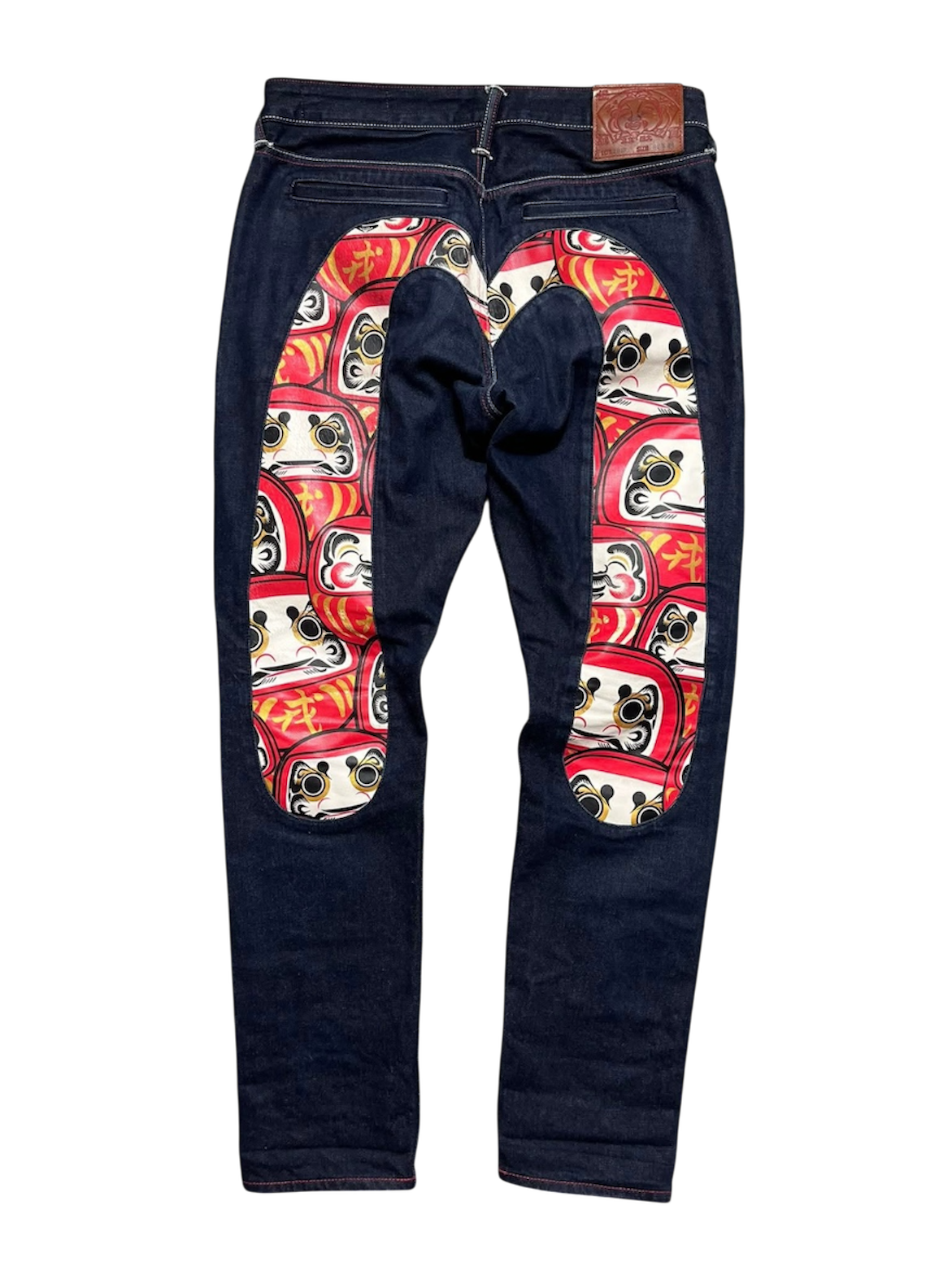 Vintage sötétkék farmer japán motívumos, piros-fehér daruma mintával hátul
