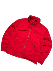 Piros vintage streetwear dzseki, cipzáros, galléros, első zsebekkel, férfi divat