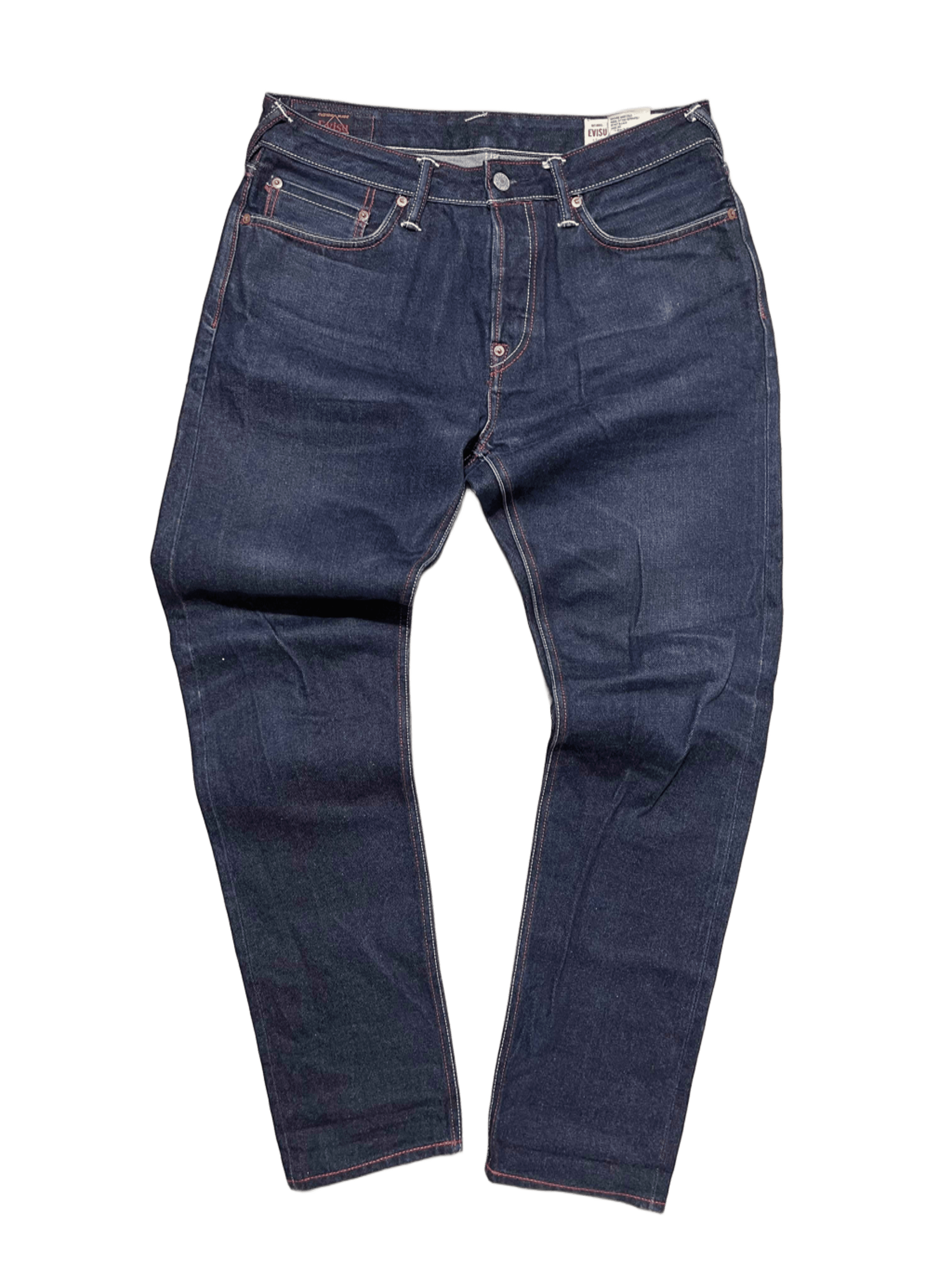 Sötétkék, klasszikus fazonú streetwear farmer nadrág piros varrással, vintage stílus