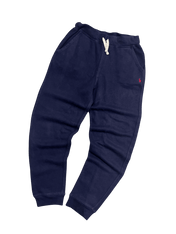 Sötétkék vintage melegítőnadrág fehér zsinórral és oldalzsebekkel, streetwear stílusban