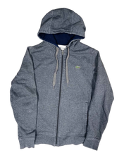 Szürke cipzáros kapucnis pulóver hímzett logóval, vintage streetwear stílus