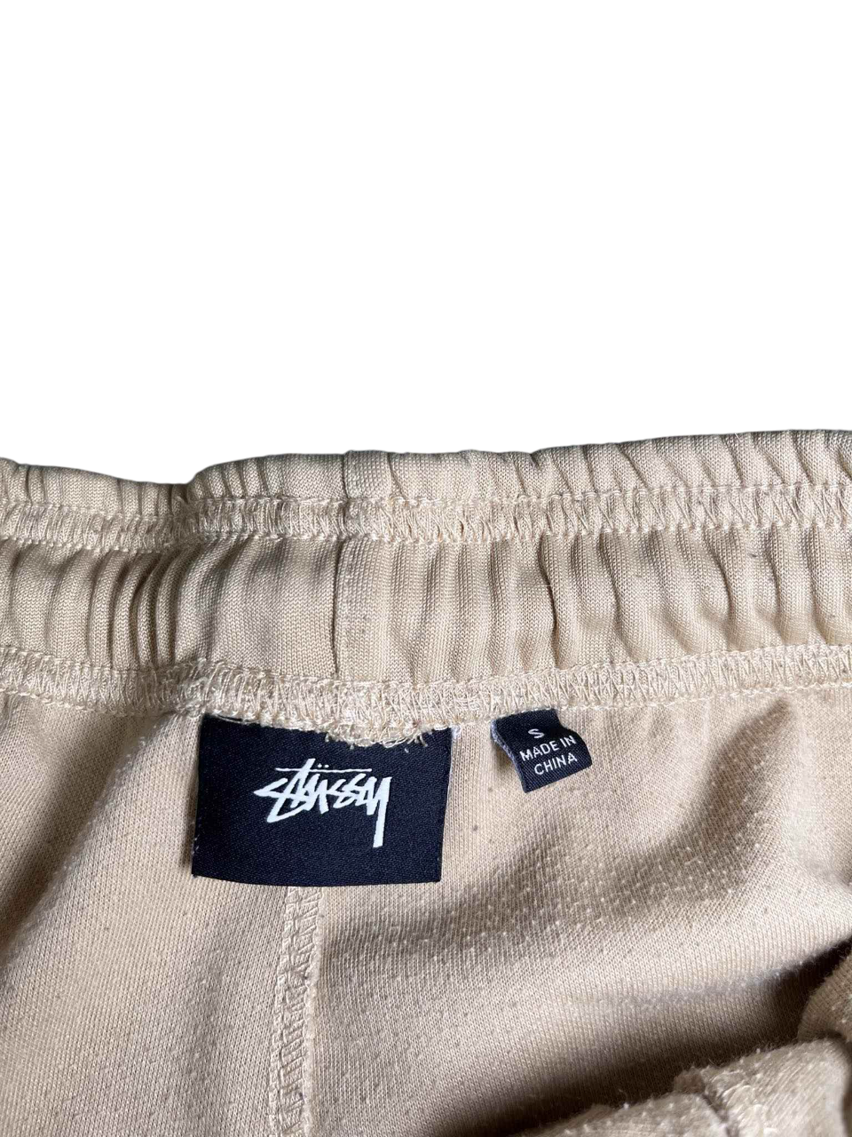 Bézs Stussy streetwear melegítőnadrág címke, rugalmas derékrésszel, méret S