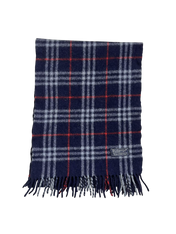 Kockás mintás, sötétkék Burberry sál piros-fehér csíkozással, vintage streetwear stílus