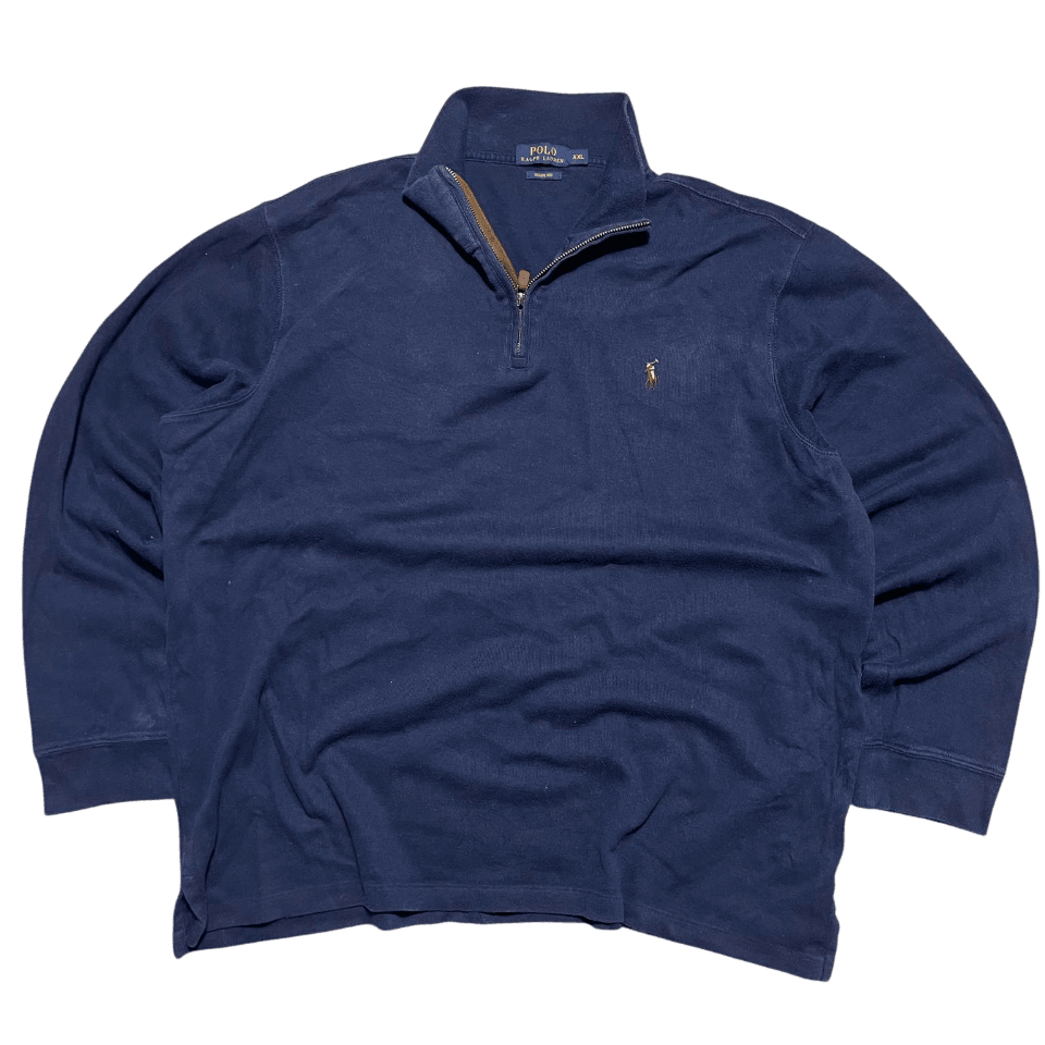 Sötétkék vintage Ralph Lauren pulóver cipzáros gallérral, klasszikus streetwear stílus