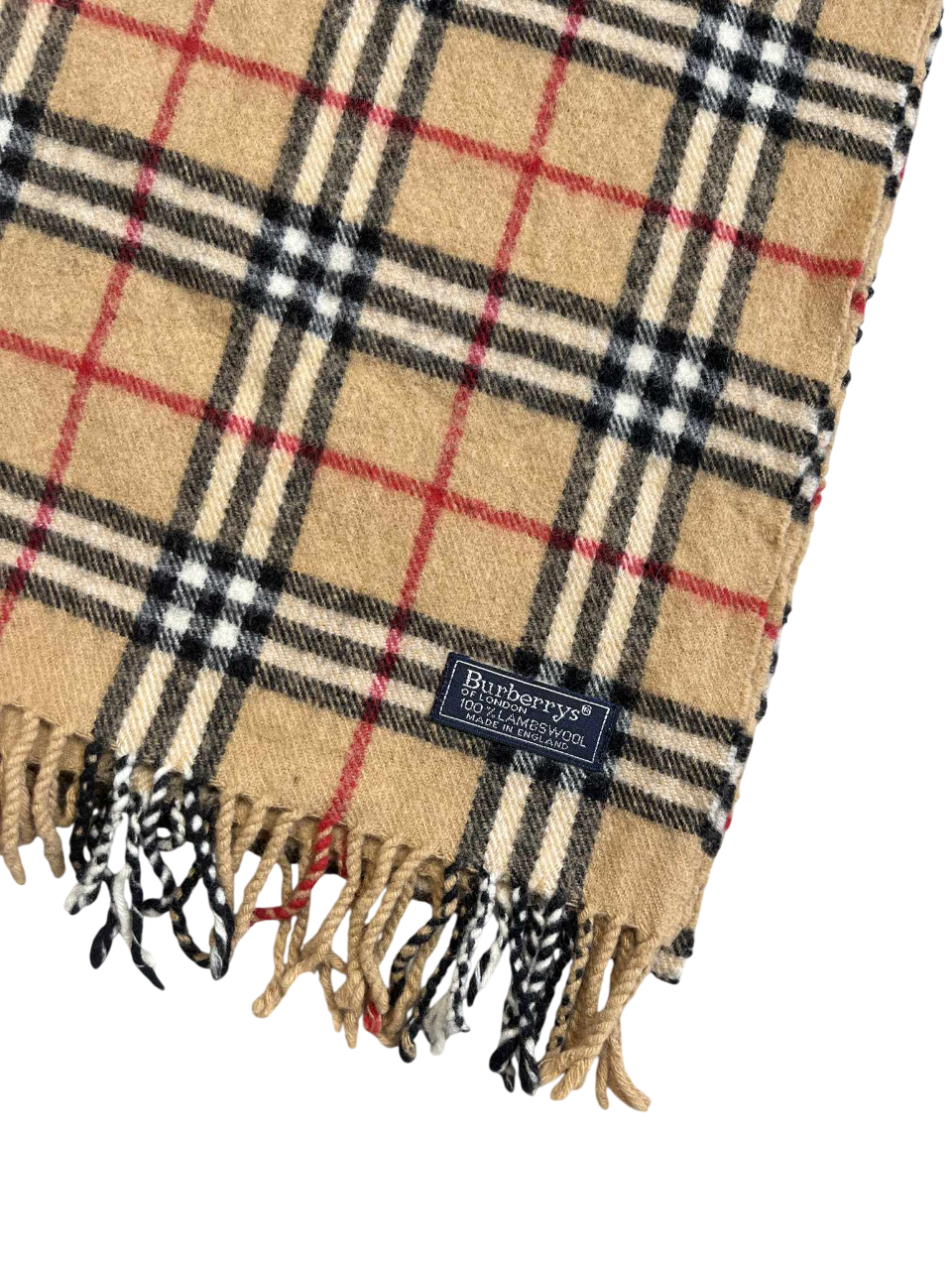 Barna kockás vintage gyapjúsál Bojtos széllel, Burberry feliratos címkével