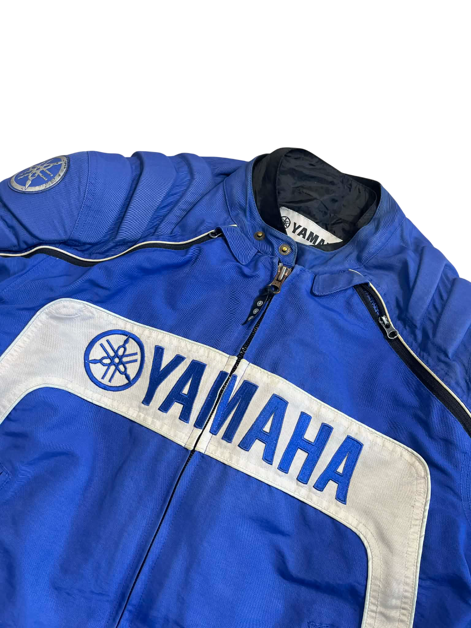 Yamaha logós vintage kék motoros dzseki elöl cipzáros, fehér díszítéssel