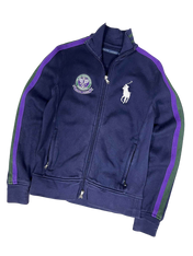Sötétkék Ralph Lauren streetwear pulóver lila csíkkal, Wimbledon logóval, cipzáras fazon